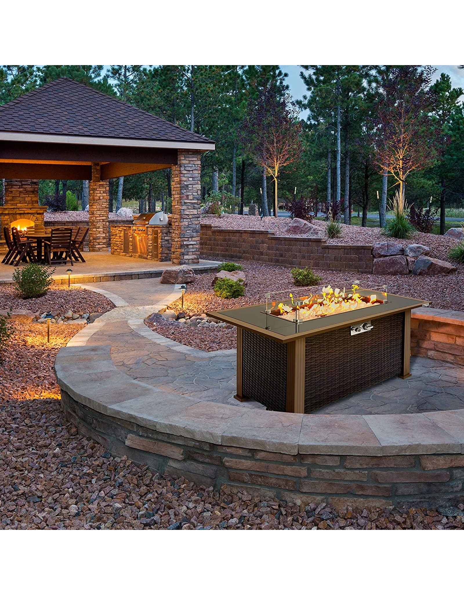 glass fire table on Outdoor Propane Fire Pit Table Csa Approved Safe 50 000btu Auto Ignition Propane Gas Fire Table Rattan Panel Glass Wind Guard Black Tempered Glass Tabletop Clear Glass Rock Serenelife Slfptl Abusa Buffalo