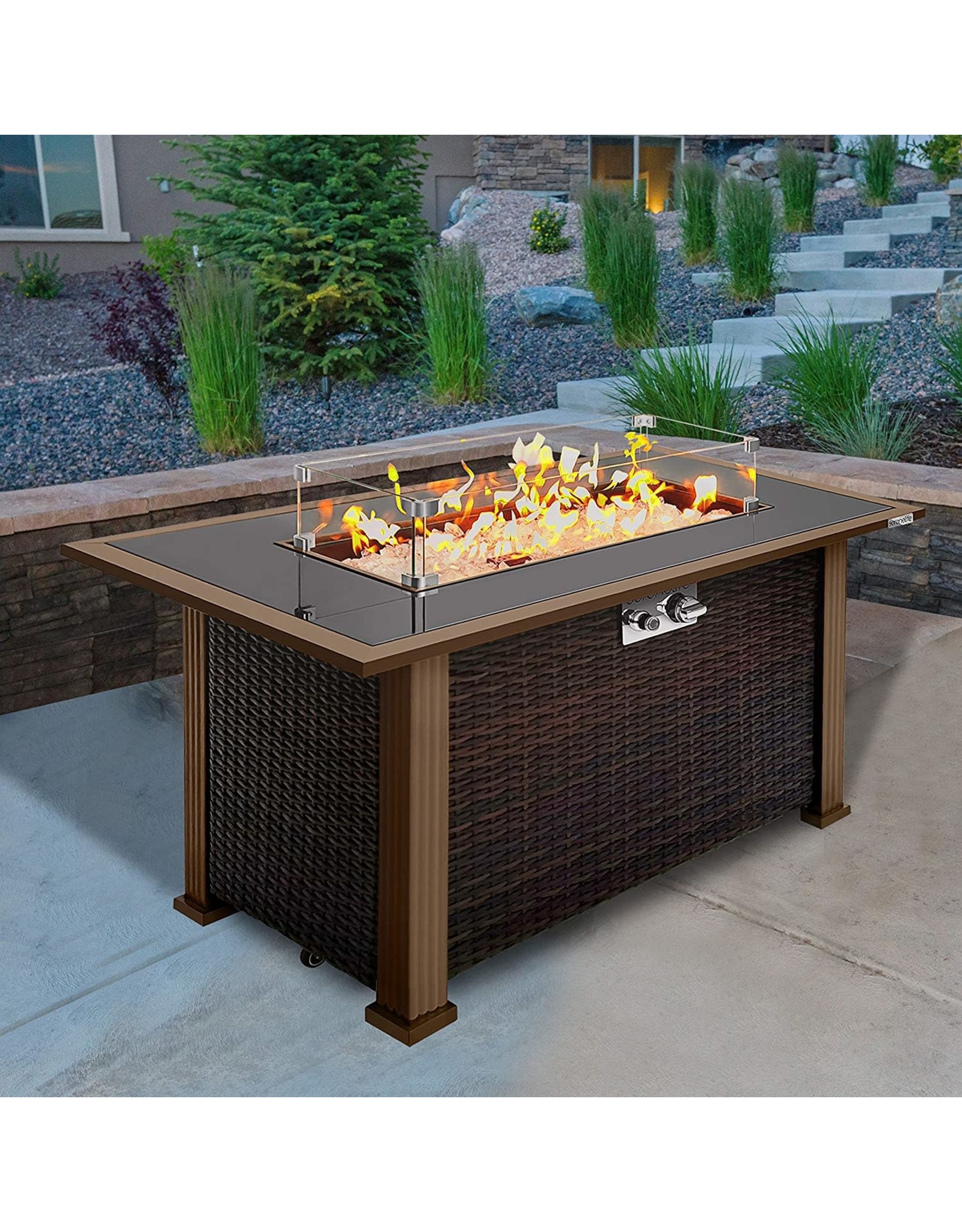 glass fire table on Outdoor Propane Fire Pit Table Csa Approved Safe 50 000btu Auto Ignition Propane Gas Fire Table Rattan Panel Glass Wind Guard Black Tempered Glass Tabletop Clear Glass Rock Serenelife Slfptl Abusa Buffalo