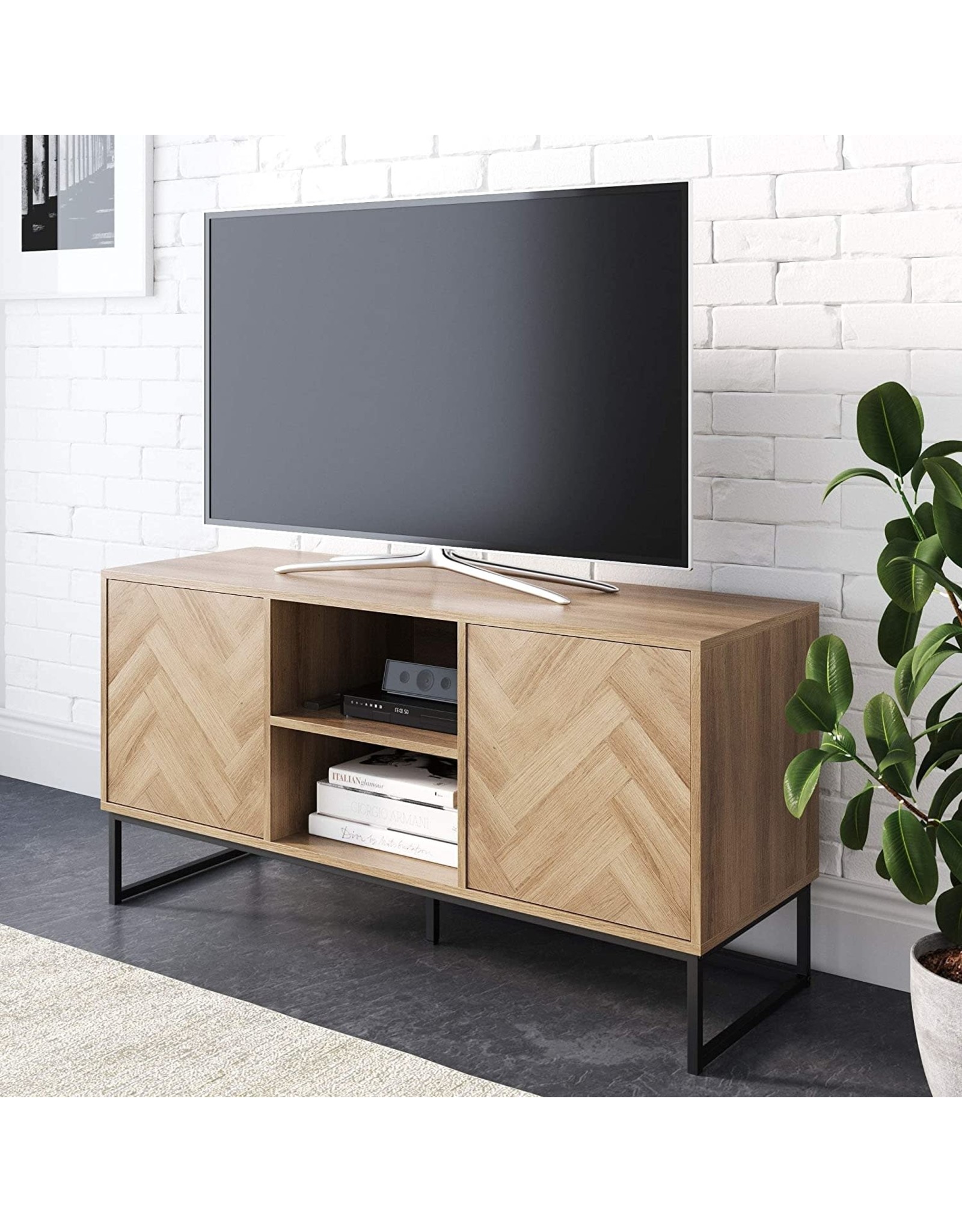 Nathan James Nathan James Dylan Media Console Cabinet Or Tv Stand With Doors For Hidden Storage In A Natural Reclaimed Herringbone Wood Pattern And Metal Oak Matte Black Abusa Buffalo