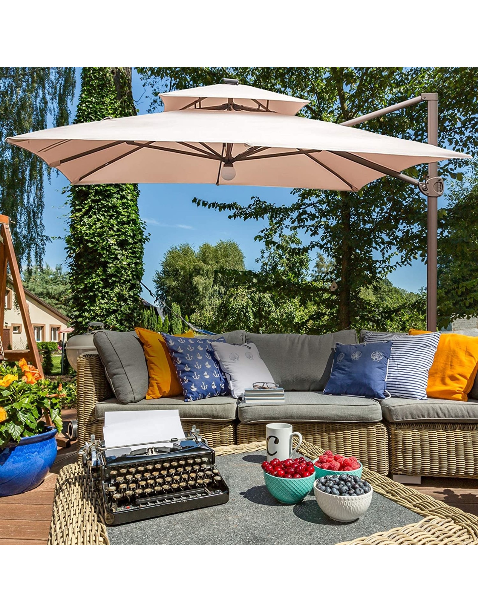 Abba Patio 9 X 12 Ft Offset Hanging Umbrella With Solar Lights Double Top Rectangular Cantilever Easy Tilt Cross Base For Garden Deck Backyard And Pool Beige Abusa Buffalo Ft Patio Offset Hanging Umbrella, Abba Patio 9 X 12 Ft Offset Hanging Umbrella