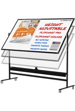 Office Classroom Portable Easel with Stand Flip Chart Holders and Pad Mobile Whiteboard Black Magnetic White Board on Wheels 96x46 Large Height Adjust 360° Rolling Double Sided Dry Erase Board 