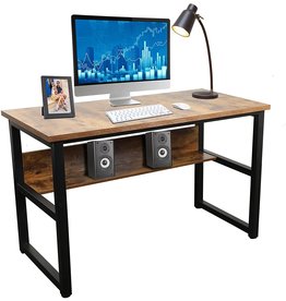 Halter Halter Computer Desk with Storage Shelf, Modern PC or Laptop Work Writing Gaming Desk, Home Office Desk Table for Small Spaces, Natural Wood Desk, Black Metal Frame, 55 Inches