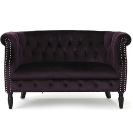 Great Deal Furniture Melaina Tufted Chesterfield Velvet Loveseat with Scrolled Arms, BlackBerry and Dark Brown