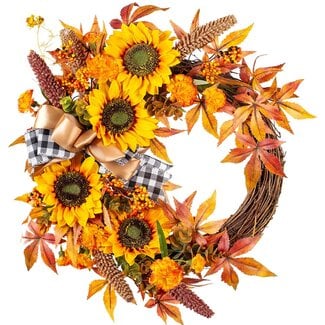 WANNA-CUL WANNA-CUL 18 Inch Fall Wreath Decor for Front Door with Sunflowers, Grains, Maple Leaves, Berries and Orange Carnations, Harvest Door Wreath for Autumn or Thanksgiving Decoration