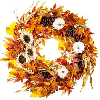 WANNA-CUL WANNA-CUL 24 Inch Farmhouse Fall Wreath Decor for Front Door with White Pumpkin,White Sunflowers, Wheat, Pine Cone and Maple Leaves, Large Harvest Door Wreath for Autumn or Thanksgiving Decoration