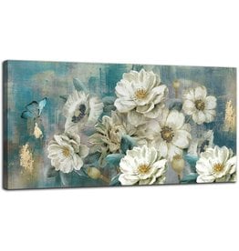 Arjun Arjun Canvas Wall Art White Flowers Elegant Modern Picture, Foil Gold Rustic Painting Colorful Turquoise Floral 60"x30" Large Size Teal Artwork for Living Room Bedroom Dining Room Home Office Decor
