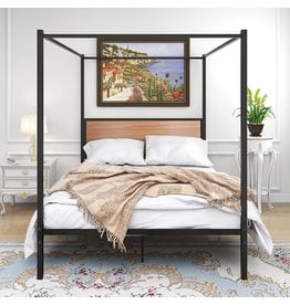 DUMEE DUMEE Canopy Queen Bed Frame with Wooden Headboard Metal Platform Bed Frame Queen Size No Box Spring Needed 12" Under Bed Storage, Easy DIY Adding Bedroom Style, Black and Walnut