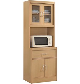Hodedah Hodedah Long Standing Kitchen Cabinet with Top & Bottom Enclosed Cabinet Space, One Drawer, Large Open Space for Microwave, Beech