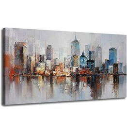 Arjun Canvas Wall Art Prints Modern Abstract Cityscape Brooklyn Bridge Painting Stretched and Framed Modern Colorful New York Skyline Buidlings Picture for Home Office Decor 48"x24", Original Design