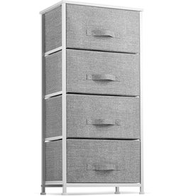 Seseno Dresser with 4 Drawers - Tall Storage Tower Unit Organizer for Bedroom, Hallway, Closet, College Dorm - Chest Drawer for Clothes, Steel Frame, Wood Top, Easy Pull Fabric Bins (Gray/White)