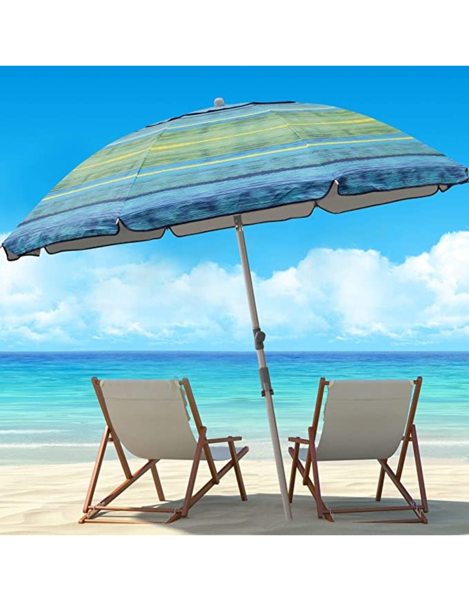 Portable beach umbrella with sand anchor Push Button Tilt Air vent Color Blue 