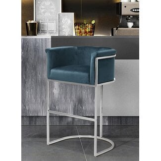 Iconic Home Finley Bar Stool Chair Velvet Upholstered Rolled Shelter Arm Design Half-Moon Chrometone Solid Metal U-Shaped Base Modern Contemporary, Teal