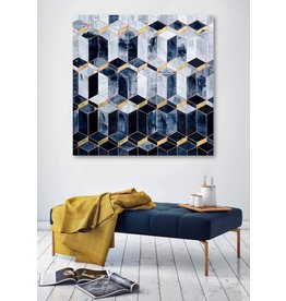 Framed Abstarct Canvas Prints Wall Art for Home, Modern Abstract Oil Paintings, Hand Painted Navy Blue Geometric Patterns Picttures for Living Room Bedroom, Stretched Ready to Hang 32x32 Inch