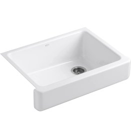 KOHLER K-6486-0 Whitehaven Farmhouse Self-Trimming Undermount Single-Bowl Kitchen Sink with Short Apron, White