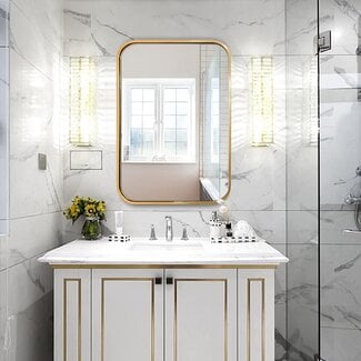 JENBELY 22x30 Inch Gold Bathroom Mirror, Brushed Gold Metal Framed Rectangular Mirror with Rounded Corner, Bathroom Vanity Mirror for Bedroom or Living Room, Horizontal/Vertical