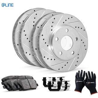 R1 Concepts eLINE Series Front Rear Drilled and Slotted Brake Rotors with Ceramic Brake Pads and Hardware Kit Compatible For 2014-2021 Chrysler 200,Jeep Cherokee (with Akebono 1-Piston Front Calipers)