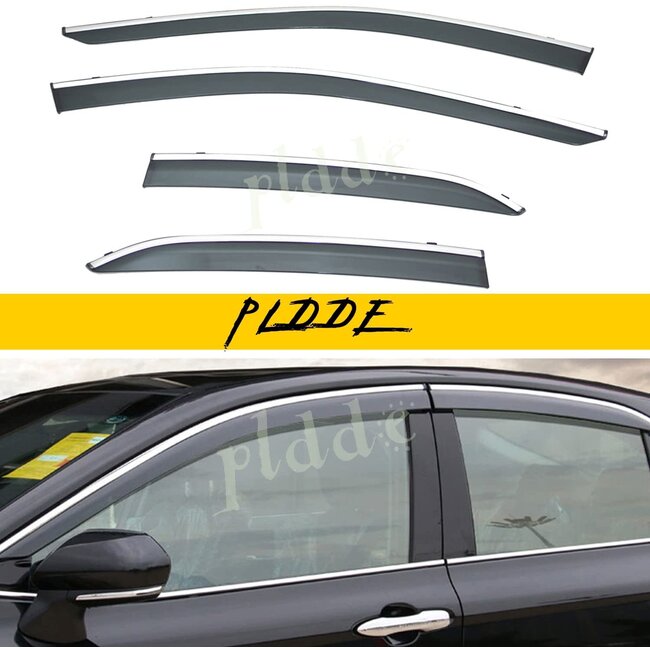 PLDDE 4pcs Smoke Tint with Chrome Trim Outside Mount Tape On/Clip On Style PVC Sun Rain Guard Window Visors Compatible with 2018-2021 Camry