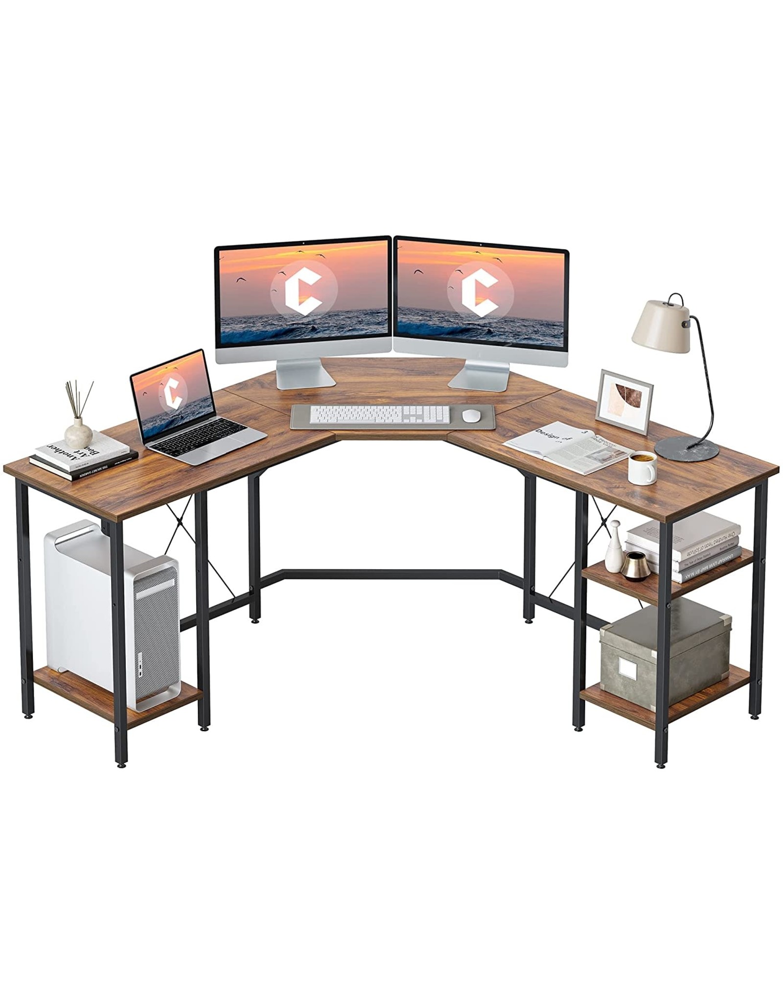 CubiCubi L Shaped Desk with Shleves, 60" Large Corner Desk with Two