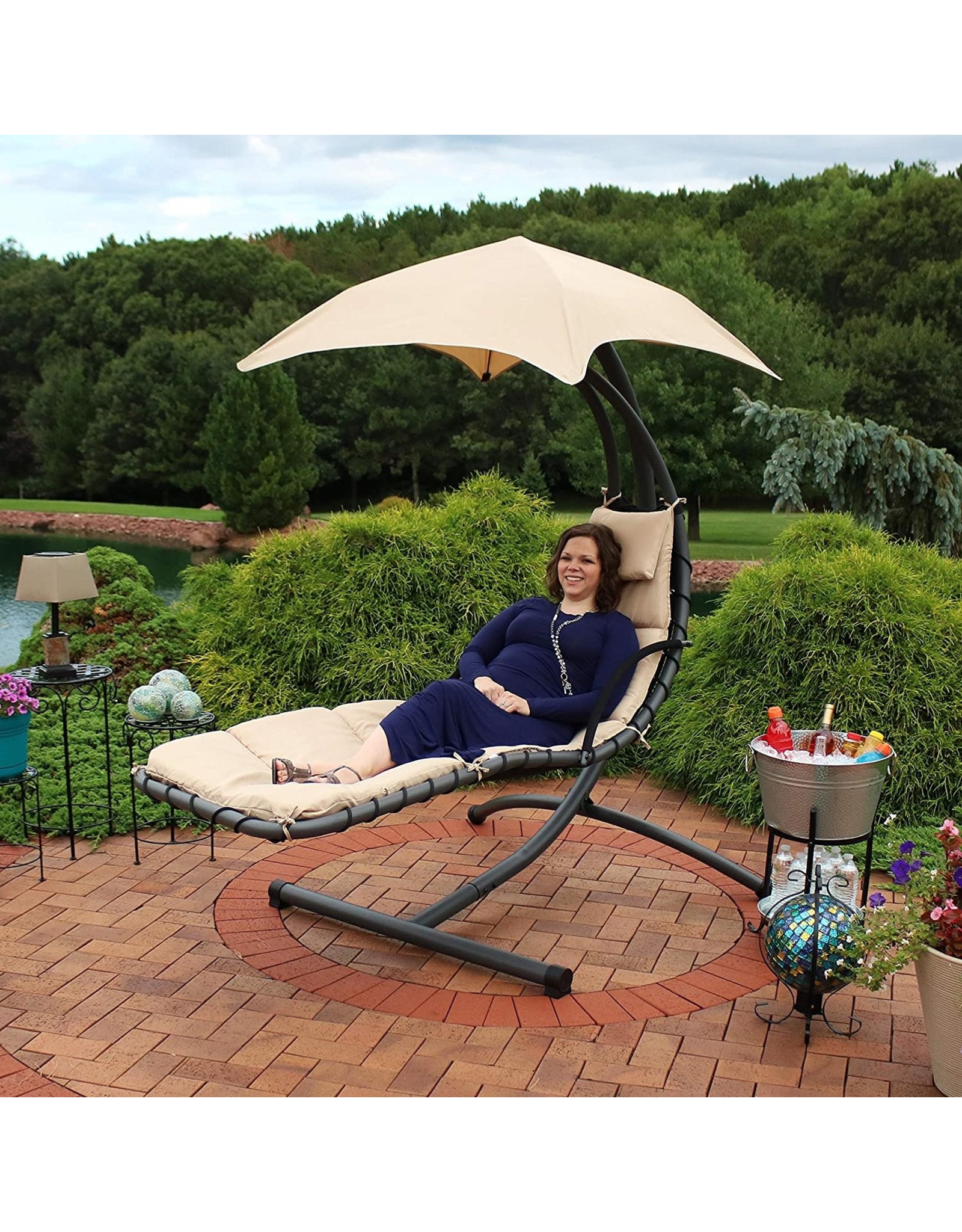 sunnydaze floating chaise lounger swing chair with canopy