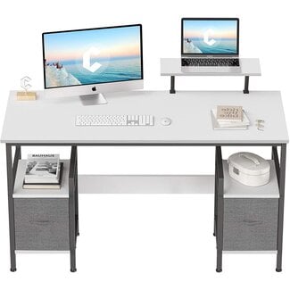 CubiCubi Computer Desk 55 Inch Home Office Multipurpose Writing Desk with Extra Storage Rack and Moveable Shelf, White