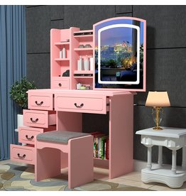 55" Makeup Vanity Dressing Table with Sliding Lighted Mirror, Adjustable Brightness 6 Drawer & Hidden Storage Compartment with Touch Light, Pink Dressing