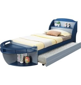 Benjara Modern Style Wooden Twin Size Trundle Bed with Open Storage Compartments, Blue, Gray