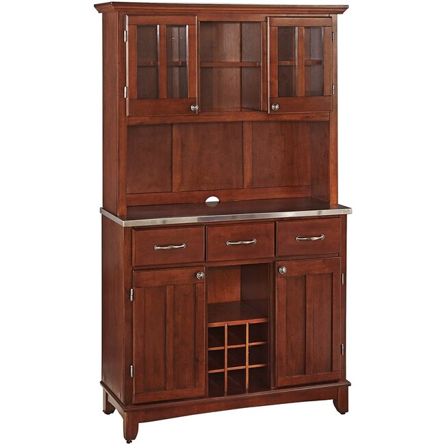 Home Styles Buffet of Buffets Hutch Cherry with Stainless Steel Top, Two Wood Door Panels, Three Drawers, Wine Storage, Two Plexiglas Framed Doors, and Adjustable Shelves