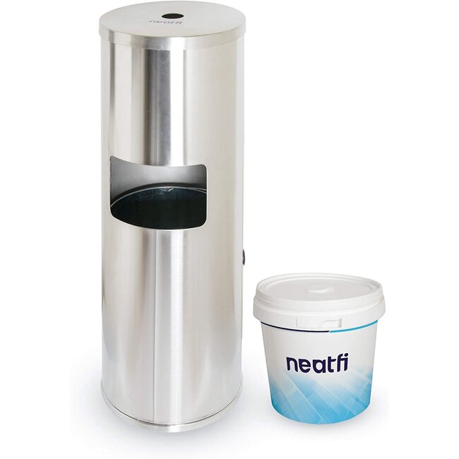 Neatfi Floor Standing Stainless Steel Gym Wipe Dispenser with High Capacity Built-in Trash Can and Easy Back Door Access - Plus Wipe Holding Bucket (Silver)