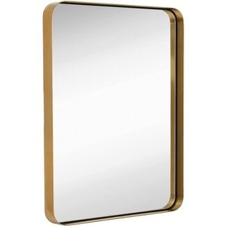 Hamilton Hills Contemporary Brushed Metal Wall Mirror | Glass Panel Gold Framed Rounded Corner Deep Set Design | Mirrored Rectangle