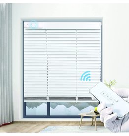 FM ZhuYe Motorized Venetian Blinds, Aluminum Blackout Electric Horizontal Blinds with Remote Custom Size, Wireless Light Filtering Smart Window Shades for Home Office