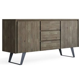 SIMPLIHOME Lowry SOLID ACACIA WOOD 60 inch Modern Industrial Sideboard Buffet and Wine Rack in Distressed Grey features 2 Doors, 3 Drawers and 2 Cabinets with Large storage spaces