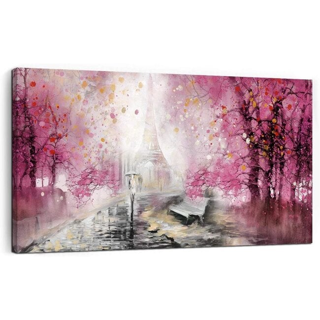 Eiffel Tower Decor Pink Paris Decor for Bedroom Framed Wall Art Canvas Art Wall Decor Romantic Paris Rainy Street View Pictures Large Wall Art Wall Decorations for Living Room Modern Decor 24x48 Size