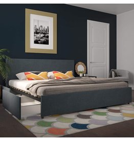 Novogratz Kelly Upholstered Bed with Storage, Navy Linen, King