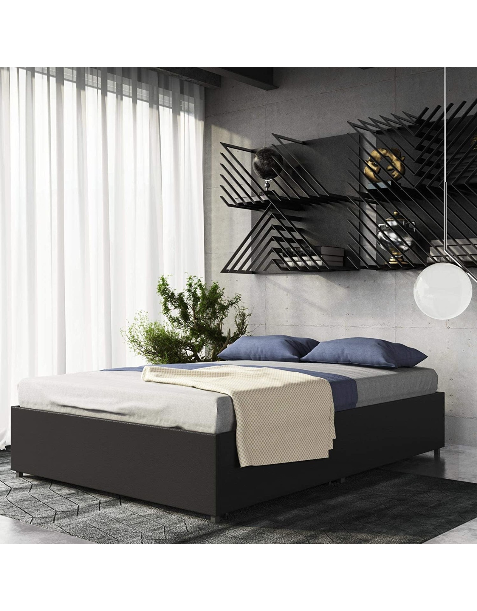 DHP Maven Upholstered Storage Bed, King, Black Faux Leather 