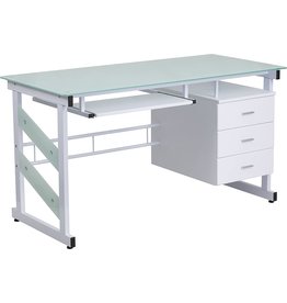 Flash Furniture White Computer Desk with Frosted Glass Top and Three Drawer Pedestal