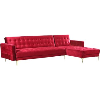 Iconic Home Amandal Convertible Sofa Sleeper Bed L Shape Chaise Tufted Velvet Upholstered Gold Tone Metal Y-Leg Modern Contemporary, Right Facing Sectional, Red Velvet