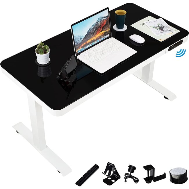 EXELPEN Electric Adjustable Standing Glass Desk 47"x 24" for Home Office with Bluetooth App Controlled Function & Dual Motor - 10 Min Assembly - 220lb Max Weight Capacity, Workstation for Gaming, Work