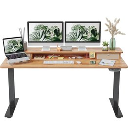 FEZIBO Height Adjustable Electric Standing Desk with Double Drawer, 60 x 24 Inch Stand Up Table with Storage Shelf, Sit Stand Desk with Splice Board, Black Frame/Light Rustic Brown Top