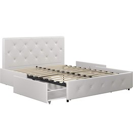 DHP Dakota Upholstered Platform Bed with Underbed Storage Drawers and Diamond Button Tufted Headboard and Footboard, No Box Spring Needed, Full, White Faux Leather