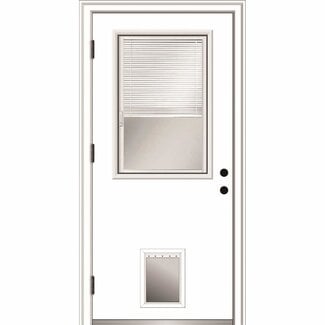 National Door Company ZZ364815R Fiberglass Smooth, Primed, Right Hand Outswing, Prehung Front Door, 1/2 Lite with Pet Door, Internal Blinds, 36"x80", Fiberglass, 80" Height
