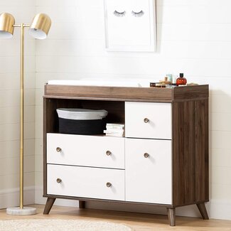 South Shore Yodi Changing Table with Drawers, Natural Walnut and White