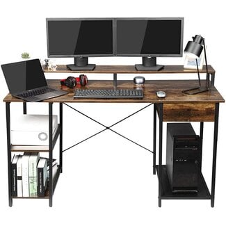 OUTFINE Desk Computer Desk Office Desk with Drawer, Monitor Stand and Storage Shelves