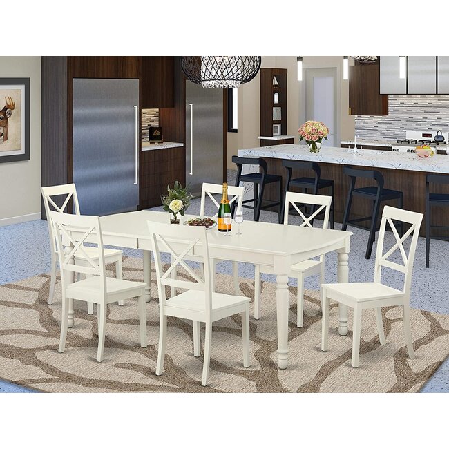 East West Furniture 7-Pcs Kitchen table set 6 Excellent kitchen dining chairs - A Stunning dinner table- Wooden Seat and Linen White Butterfly leaf modern dining table