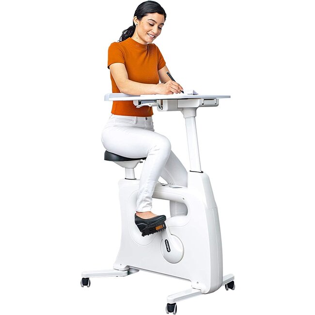FLEXISPOT Home Workstation Desk Bike Stand up Folding Exercise Desk Cycle Height Adjustable Office Desk Stationary Exercise Bike - Deskcise Pro (With Desktop, White)