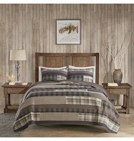Woolrich Reversible Quilt Set - Cottage Styling Reversed to Solid Color, All Season Lightweight Coverlet, Cozy Bedding Layer, Matching Shams, Oversized King/Cal King, Winter Plains Stripes Taupe