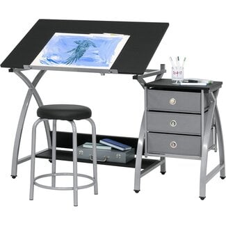 2 Piece Comet Art, Hobby, Drawing, Drafting, Craft Table with 36"W x 23.75"D Angle Adjustable Top and Stool in Silver/Black, Assembled Dimensions: 50" W x x 29.5" H
