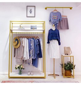 FONECHIN Metal Clothes Display Rack Free Standing Garment Clothing Rack with Wooden Shelves Cover Heavy Duty Closet Hanging Rack Gold,59"