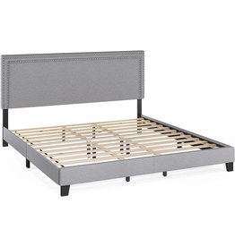 Furinno Laval Double Row Nail Head Upholstered Platform Bed Frame, King, Glacier
