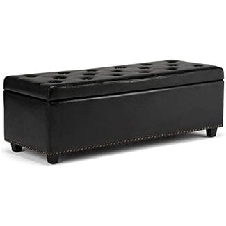 SIMPLIHOME Hamilton 48 inch Wide Rectangle Lift Top Storage Ottoman in Upholstered Midnight Black Tufted Faux Leather with Large Storage Space for the Living Room, Entryway, Bedroom, Traditional