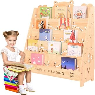 PETKABOO 5 Tier Kid Book Shelves,Wood Kids Stand Bookcase, Cartoon Cubbies Reading Book Stand for Kids, Toy Storage Organizer for Kids Bedroom Toy Room - Gift